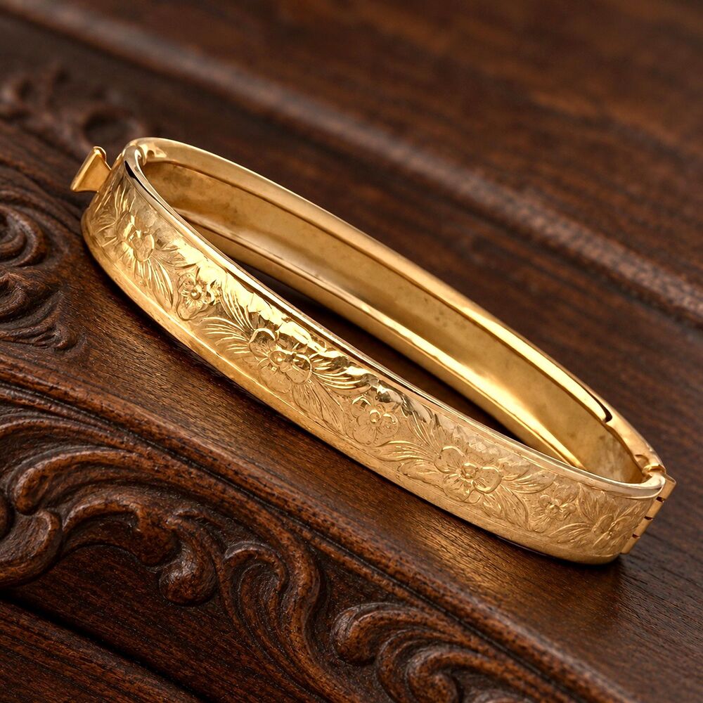 Vintage 1950s Gold Filled Bracelet Floral Pattern Bangle Victorian Revival - 15H